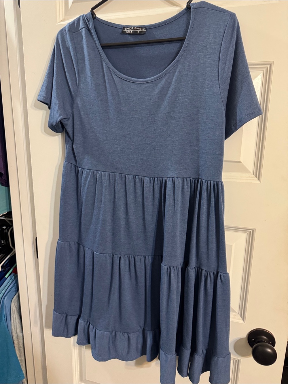 Shop Basic USA Dusty Blue Tiered Short Sleeve Tunic